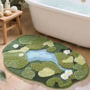 24" X 43" 3d Green Floral Area Bathroom Rug Non Slip Water Absorbent Bath Mat